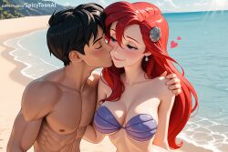 1boy 1girl ai_generated ariel_(the_little_mermaid) beach bikini bikini_top black_hair blue_eyes blush breasts closed_eyes couple day disney disney_princess flower hair_flower hair_ornament hetero hi_res high_quality high_resolution kiss long_hair ocean patreon red_hair sand seductive sexy shell spicytoonai strapless swimsuit the_little_mermaid_(1989_film) uncensored upper_body water watermark