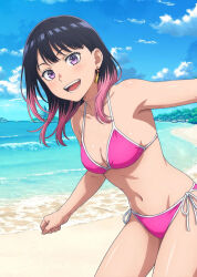 1girls akane-banashi akane_osaki bare_legs bare_shoulders beach black_hair blushing cleavage collarbone earring long_hair looking_at_viewer medium_breasts pink_bikini purple_eyes smiling source_request standing string_bikini