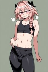 1boy 1femboy ai_generated astolfo_(fate) braid bulge bulging_penis covered_penis crop_top crossdressing fate/grand_order fate_(series) femboy hair_ornament leggings looking_at_viewer male pink_hair purple_eyes simple_background small_penis solo sweat testicles trap workout_clothes yaoi