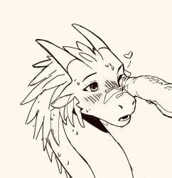 blush bodily_fluids cheek_tuft cum cum_on_face digital_drawing_(artwork) digital_media_(artwork) disembodied_penis duo facial_tuft female feral genital_fluids genitals hi_res icewing_(wof) male male/female open_mouth penis prodding simple_background skink_(skinkadoodle) skinkadoodle tuft wings_of_fire