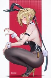 1girls ai_generated animal_ears bangs bare_shoulders black_footwear black_legwear black_leotard blonde_hair blush braid breasts bunny_ears bunny_girl bunny_tail bunnysuit detached_collar dirresponsibly earrings evelyn_chevalier fake_animal_ears fake_tail from_side high_heels highleg_leotard jewelry large_breasts leotard looking_at_viewer pantyhose purple_eyes solo squatting strapless strapless_leotard tagme tail wrist_cuffs zenless_zone_zero