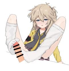 1boy 1girls blue_eyes blush clothed female footjob kasukabe_tsumugi male penis socks voicevox
