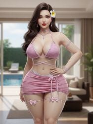 1girls ai_assisted ai_generated arm_accessory armband belly_button bikini bikini_bottom black_hair blurry_background bracelet choker cleavage criss-cross_straps earrings eyelashes female flower_in_hair gemini grey_eyes grok hair_over_shoulder hand_on_hip hourglass_figure knees large_breasts light-skinned_female lipstick long_hair looking_at_viewer loose_hair lounge_chair midriff milf miniskirt narrow_waist necklace one_hand_on_hip pink_clothing poolside potted_plant realistic rgomez007 self_upload slight_smile solo_female standing swimming_pool thick_lips thick_thighs thigh_ribbon wide_hips
