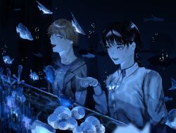 1boy 1girl aquarium black_hair blonde_hair blush chainsaw_man commentary couple denji_(chainsaw_man) fish highres mitaka_asa pointing sharp_teeth smile teeth tristan358358