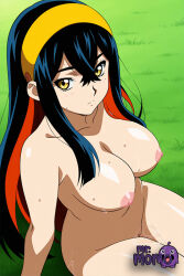 1girl female breasts carmine_(pokemon) black_hair crossed_bangs long_hair nipples nude multicolored_hair large_breasts two-tone_hair yellow_hairband yellow_eyes solo mole hair_between_eyes hairband pussy colored_inner_hair bangs mole_under_eye completely_nude looking_at_viewer headwear red_hair sweat grass sitting closed_mouth outdoors thighs blush navel collarbone cleft_of_venus eyelashes sidelocks artist_name artist_logo pussy_juice lenmmon mr_momo ai_generated pokefuck pokemon nintendo