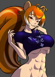 abs animal_ears antenna_hair blazblue bottomless breasts brown_eyes brown_hair female finger_to_mouth grey_background ian_chase large_breasts looking_at_viewer makoto_nanaya no_bra simple_background smile solo squirrel_ears squirrel_tail tail two_tone_hair underboob white_hair