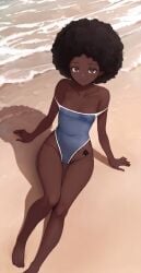 1girls african_female afro ai_generated beach black_female black_hair brown_eyes curly_hair dark-skinned_female dark_skin looking_at_viewer one-piece_swimsuit original original_character outdoors outside petite petite_body petite_female qos qos_tattoo queen_of_spades queen_of_spades_symbol queen_of_spades_tattoo skinny_female skinny_legs slim_waist small_breasts small_waist solo solo_female swimsuit thighs