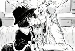 1boy 2girls ai_generated balls black_and_white blowjob bolts breasts clothed clothes clothing coat double_blowjob double_fellatio double_oral fellatio female flat_chest franken_fran hand_on_head hat holding_hands long_hair madaraki_fran madaraki_veronica male manga_style medium_breasts monster_girl oral paigen patchwork_skin penis precum saliva saliva_on_penis scar shirt short_hair stitches zombie zombie_girl