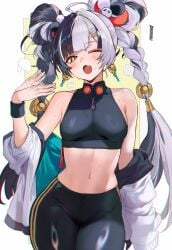 1girls ai_generated bare_shoulders black_hair black_shirt braid breasts collarbone cowboy_shot dialyn_(zenless_zone_zero) dirresponsibly green_eyes hair_ornament hairclip jacket long_hair long_sleeves looking_at_viewer medium_breasts midriff multicolored_hair navel off_shoulder one_eye_closed open_clothes open_jacket open_mouth pants silver_hair sleeveless solo twintails very_long_hair virtual_youtuber white_hair white_jacket zenless_zone_zero