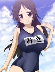 breasts brown_eyes brown_hair female kanzaki_miki large_breasts road_(artist) smile solo swimsuit yowamushi_pedal