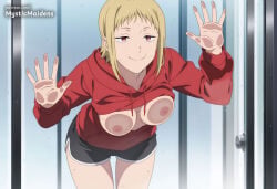 1girl breasts blonde_hair hoodie nipples shorts hood red_eyes solo red_hoodie looking_at_viewer short_hair breast_press sweat against_glass drawstring breasts_on_glass smile fanbox_username hoodie_lift clothes_lift short_shorts sidelocks medium_breasts slit_pupils black_shorts dolphin_shorts large_breasts breasts_out ai_generated anime anime_style hentai hi_res mystic_maidens patreon sawatari_akane chainsaw_man mappa