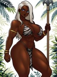 blazbaros 2025 commission 1girls female female_only solo looking_at_viewer dark_skin dark-skinned_female white_hair long_hair blue_eyes earrings jungle_girl big_breasts thick_thighs muscular muscular_female fit fit_female spear loincloth bracelet armlet abs bikini zebra_print