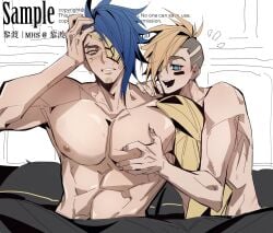 2boys abs after_sex arm_around_shoulder bed bed_sheet blonde_hair blue_eyes blue_hair blush commentary earrings embarrassed eyepatch ezreal facial_mark grabbing_another's_pectorals grimace hand_on_own_head hickey highres jewelry kayn large_pectorals league_of_legends male male_focus multiple_boys muscular muscular_male nipples nude odyssey_kayn odyssey_series on_bed open_mouth pectorals psyops_ezreal psyops_series riot_games sitting smile spiked_hair undercut untranslatable_commentary white_background whitechapel6481 yaoi yellow_eyes