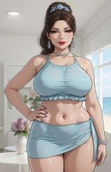 1girls ai_assisted ai_generated beachside belly_button black_outline blue_clothing bracelet brown_eyes brunette_hair busty crop_top cyan_clothing earrings eyelashes eyeshadow female flower_vase frilled_top frills furniture grok hair_ornament half-closed_eyes hand_on_hip high_ponytail indoors large_breasts light-skinned_female light_blue_clothing lipstick looking_at_viewer midriff milf miniskirt mommy nail_polish necklace one_hand_on_hip pearl_bracelet pearl_necklace ponytail rgomez007 sarong seductive_look self_upload side-tie_clothing simple_background skindentation slight_smile smiling_at_viewer soft_belly soft_shading solo_female stable_diffusion standing thick_eyelashes thick_lips thick_thighs vase voluptuous white_room wide_hips