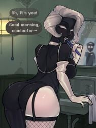 artist_request bathroom beholder_(series) beholder_conductor big_ass black_body black_skin blush broken_mirror brushing_teeth english_text foaming_at_the_mouth green_background michelle_shimanskaya mirror_reflection one_girl one_man smiling tights white_eyes white_gloves white_hair