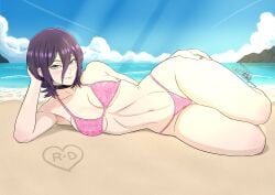 1girl 1girls abdomen armpit beach bikini bikini_bottom bikini_top chainsaw_man choker green_hair lying lying_on_side on_beach pose purple_hair reze_(chainsaw_man) seductive sexy_armpits sexy_body sexy_female sexy_pose smile smiling smiling_at_viewer solo sun sunbathing sunlight zelionart