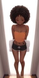 1girls african_female afro ai_generated black_female brown_eyes brown_hair curly_hair dark-skinned_female dark_skin hands_behind_back looking_at_viewer midriff original original_character petite petite_body petite_female qos qos_tattoo queen_of_spades queen_of_spades_symbol queen_of_spades_tattoo shorts slim slim_female slim_waist small_breasts small_waist solo solo_female tank_top tummy