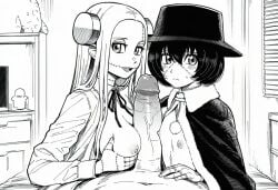 1boy 2girls ai_generated black_and_white bolts breasts clothed clothes clothing coat double_paizuri double_titfuck double_titjob female flat_chest franken_fran hand_on_breast hat long_hair looking_at_viewer madaraki_fran madaraki_veronica male manga_style medium_breasts monster_girl naizuri nipples paigen paizuri patchwork_skin penis pov scar shirt short_hair stitches titfuck titjob zombie zombie_girl