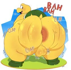 absurd_res anthro anus backsack balls big_balls big_butt bodily_fluids bouncing_butt butt clapping clothing dancing footwear genitals hi_res jaypixi koopa koopa_troopa looking_at_viewer male mario_bros nintendo overweight overweight_anthro overweight_male reptile scalie shoes smile smiling_at_viewer solo standing sweat sweatdrop sweaty_butt thick_thighs tortoise turtle wide_hipped_anthro wide_hipped_male wide_hips yellow_body