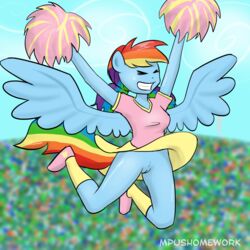 2014 alternate_hairstyle anthro anthrofied blue_fur cheerleader closed_eyes clothing empyu equine female friendship_is_magic fur hair mammal multicolored_hair my_little_pony pegasus pom_poms pussy rainbow_dash_(mlp) rainbow_hair shirt skirt solo straight_hair tied_hair twintails wings