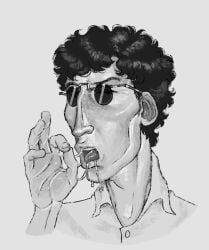 1boy black_and_white dark_hair digital_drawing_(artwork) digital_media_(artwork) fellatio fellatio_gesture glasses greyscale looking_at_viewer male male_only mouth mouth_agape mouth_open mouth_opened mr_shrink ok_sign original original_character original_characters saliva saliva_drip saliva_on_face saliva_on_hand saliva_on_tongue saliva_string shades short_hair solo solo_focus solo_male stupid stupid_looking suggestive suggestive_gesture suggestive_look