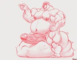 abyssparasite anthro balls bear belly big_balls big_belly big_muscles big_penis cigar clothing cock_vore erection genitals hand_on_hip hat headgear headwear hi_res huge_balls huge_muscles huge_penis hyper hyper_balls hyper_genitalia hyper_penis male male_pred mammal musclegut muscular muscular_arms nipple_piercing nipples nude pecs penile penis piercing same_size_vore vein veiny_penis vore