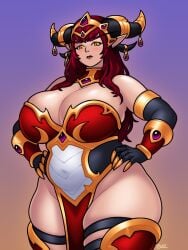 blazbaros 2025 commission world_of_warcraft warcraft blizzard_entertainment alexstrasza 1girls female female_only solo looking_at_viewer horns dragon_horns dragon_girl dragon_humanoid pointy_ears blush long_eyebrows red_hair long_hair big_breasts huge_breasts hands_on_hips thick_thighs big_thighs slightly_chubby curvy