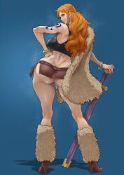 1girls arm_tattoo ass b_0_rukia big_breasts blue_tattoo breasts busty curvy female female_only long_hair looking_at_viewer looking_back nami_(one_piece) no_panties one_piece one_piece:_elbaf_arc orange-haired_female orange_hair posing sexy solo sword tattoo thick_thighs