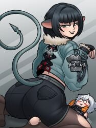 blazbaros 2025 mihoyo zenless_zone_zero jane_doe_(zenless_zone_zero) seth_lowell 1girls 1boy male female female_focus looking_at_viewer smiling smiling_at_viewer female_on_top mouse_ears mouse_girl cat_ears catboy tail black_hair white_hair blue_eyes grin grinning_at_viewer looking_back looking_back_at_viewer ass thick_ass pantyhose torn_pantyhose round_butt