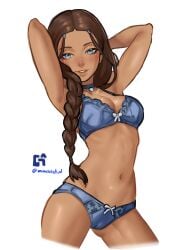 1girls aged_up alluring arms_behind_head athletic_female avatar_legends avatar_the_last_airbender bra bra_and_panties braid brown_hair cameltoe cleavage cowboy_shot dark-skinned_female dark_skin female katara looking_at_viewer miracleseedlin1 nickelodeon panties seductive_look solo standing
