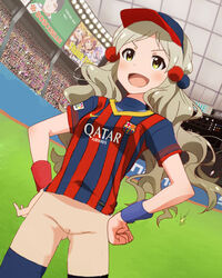 bottomless clothes color dutch_angle fc_barcelona female front_view hands_on_hips human nike open_mouth smile soccer sport standing visor_cap