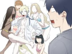 champagne multiple_girls stunned isagi_yoichi michael_kaiser blue_lock abs muscular_male muscles robe multiple_boys pale-skinned_female dark-skinned_female v_line unseen_penis faceless_female shocked_male