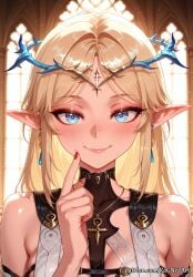 1girl 2026 ai_generated anime bangs bare_shoulders blonde_hair blue_eyes blush boobs breasts cartethyia_(wuthering_waves) circlet cleavage closed_mouth crossover earrings elf eye_contact female female_focus finger_to_cheek flushed highres index_finger_raised jewelry long_hair looking_at_viewer nail_polish necklace neutral_expression nsfw parted_bangs patreon pointy_ears red_nails rognezart smile smiling solo upper_body very_long_hair watermark wuthering_waves