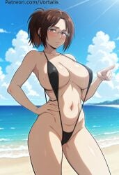 ai_generated vortalis hange_zoe attack_on_titan shingeki_no_kyojin 1girl breasts swimsuit solo beach navel large_breasts brown_hair slingshot_swimsuit glasses outdoors sky day blush hand_on_hip ocean brown_eyes black_one-piece_swimsuit looking_at_viewer cloud ponytail blue_sky parted_lips