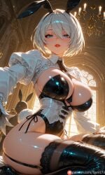 breasts 1girl animal_ears rabbit_ears leotard thighhighs mole blue_eyes highleg_leotard mole_under_mouth shiny playboy_bunny short_hair large_breasts highleg looking_at_viewer white_hair shiny_skin thighs tail boots lips bangs shiny_clothes fake_animal_ears rabbit_tail necktie high_heels parted_lips sweat black_leotard thigh_boots solo garter_straps long_sleeves puffy_sleeves shiny_hair cleavage indoors shrug_(clothing) blush black_footwear between_breasts thighhighs_under_boots ass juliet_sleeves gloves sitting thick_thighs high_heel_boots mole_on_breast black_thighhighs 2b_(nier:automata) nier:_automata yorha_2b nier nier_(series) tgv9173 ai_generated self_upload commission commissions_open alternate_breast_size_(larger) alternate_breast_size pixiv_sample pixiv_link patreon highres