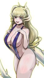 absurd_res bikini blonde_hair blush dragon_girl dragon_tail dragonmaid_series_(yu-gi-oh!) duel_monster female female_only fringe hand_on_breast hi_res horns horny huge_breasts konami large_breasts latys_dragonmaid light_skin looking_at_viewer maid navel open_mouth pose purple_eyes sling_bikini slingshot_swimsuit smile spicezino5 standing sweatdrop tail teeth_showing thighs v_bikini younger_female yu-gi-oh!