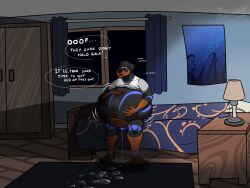 anthro bed belly big_belly blush bodily_fluids canid canine canis carpet clothed clothing cum cum_inflation cum_inside domestic_dog english_text eyewear furniture genital_fluids glasses hi_res inflation lamp leaking_precum looking_down male mammal navel neth_rusiki_azhti nethgoorat on_bed poster precum raised_clothing raised_shirt raised_topwear shirt sitting sitting_on_bed solo speech_bubble t-shirt tattoo text topwear underwear window