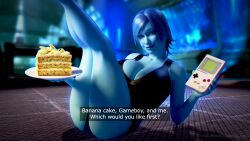 1girl 3d 3d_(artwork) bare_legs barefoot black_panties blue_eyes blue_hair blue_skin cake cleavage crop_top curvy feet_up female food gameboy indoors large_breasts legs_up lonelyprowler looking_at_viewer lying netricsa panties picket_fences_(series) seductive_look serious_sam short_blue_hair short_hair smile solo tank_top thick_thighs thighs