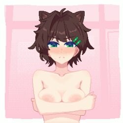1boy 1girls animal_ears animated bar_censor blush breasts brown_hair cat_ears censored female furumero green_eyes hair_ornament hairclip halftone halftone_background hanekenomichi-chan hurumero medium_breasts nipples nude original pixel_animation pixel_art polka_dot polka_dot_background short_hair small_breasts straight presenting_breasts bouncing_breasts pushing_breasts_up