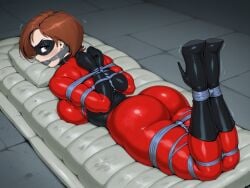 ai_generated big_ass bondage brown_hair elastigirl helen_parr hogtie latex laying_on_stomach rope_bondage the_incredibles