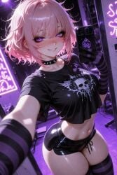 ai_generated athletic_female edgy goth_maniac gothic_girl gothmaniac gym medium_hair mischievous_smile original_character pastel_colors phone_in_hand pink_hair purple_eyes selfie sfw short_shorts smirk spiked_choker striped_gloves striped_stockings sweat