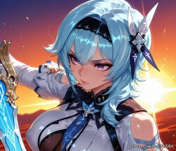 1girl 2026 ai_generated anime bangs black_hairband blue_hair blue_necktie boobs breasts cleavage closed_mouth clothing_cutout covered_nipples crossover eula_(genshin_impact) female female_focus genshin_impact hair_accessory hair_ornament hairband highres holding holding_sword holding_weapon hoyoverse huge_breasts large_breasts long_sleeves medium_hair mihoyo necktie neutral_expression nsfw patreon purple_eyes rognezart shoulder_cutout solo sunset sword upper_body weapon