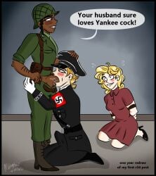 blonde_hair blowjob blue_eyes boner consensual_cuckquean cuck cucked cuckold cuckquean dark-skinned_male dark_skin forced_to_watch gay gay_blowjob history interracial light-skinned_female light-skinned_male light_skin military military_uniform militaryboiz nazi nazi_uniform redraw tied_hands world_war_2 ww2 yaoi_with_female_audience
