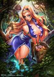 1girls aqua_eyes blonde_hair bracelet breasts cleavage curvy dress female female_only fingerless_gloves forest hairband hanging_breasts large_breasts looking_at_viewer outdoors pond pose reiq river sash smile solo tattoo very_long_hair vines water