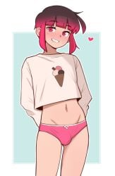 1boy bulge bulge_in_panties crop_top dross femboy femboy_focus femboy_only feminine_male ice_cream jewels_(dross) light-skinned_male looking_at_viewer male_in_panties male_only navel no_pants pajamas panties panty_bulge partially_clothed pink_eyes pink_highlights ruby_(dross) smiling_at_viewer twink two-tone_hair