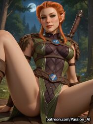 kagha baldur's_gate_3 baldur's_gate elf red_hair female seductive seductive_look seductive_smile sexy sexy_body ai_generated passion_ai druid spread_legs breasts from_below sitting