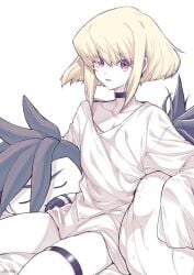 androgynous bob_cut clothed clothes clothing collar femboy lio_fotia looking_at_viewer male oversized_clothes promare short_hair solo thighs twink blonde_hair partially_colored thigh_strap 2boys 1femboy after_sex bite_mark femboy_focus solo_focus gay yaoi cute_face oversized_shirt slim_waist slim slim_male petite petite_body petite_male