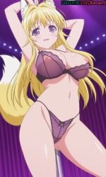 1girls accurate_art_style ai_generated animal_ears anime blonde-haired_female blush bra breasts dancing female fox fox_ears fox_girl fox_tail hands_up hi_res huge_breasts indoors kanokon kemomimi kemonomimi keoenl kneeling large_breasts long_hair minamoto_chizuru navel nightclub nipples nude panties pole pole_dancing purple_eyes sexy stripper stripper_pole subscribestar tail thick_thighs underwear undressing wide_hips