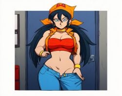 1girls ai_generated android android_22 black_hair blue_eyes dragon_ball dragon_ball_z female jeans long_hair looking_at_viewer midriff