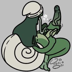 1:1 barefoot breath clothing feet gastropod genitals green_body green_hair grey_background hair handjob hat headgear headwear long_hair long_penis long_tongue lying male masturbation mollusk motion_lines nude on_back panting penile penis rear_view sex shell signature simple_background sludge_(toni_oni) snail solo tongue tongue_out toni_oni vein veiny_penis